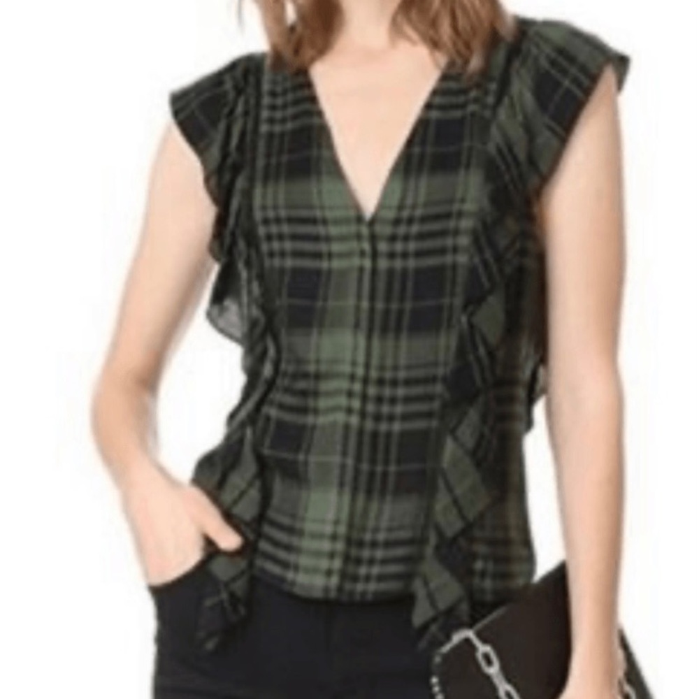 alice + olivia Olive and Black Plaid Ruffle V-Neck Top